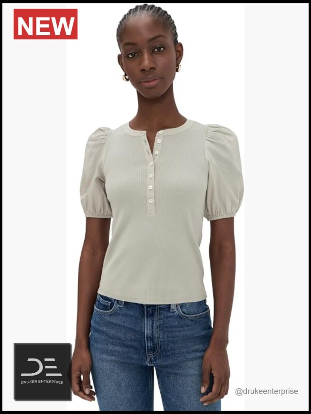 Lightweight Ribbed Knit Top with Puff Sleeves
